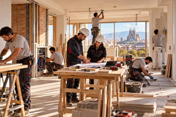 Profesionales mostrando el resultado de una reforma integral de vivienda
