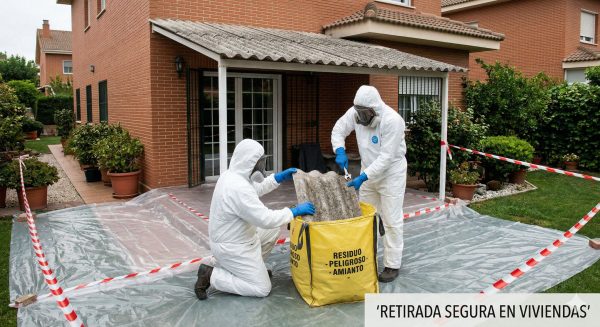 Operarios profesionales retirando amianto con medidas de máxima seguridad en un patio residencial de Sant Cugat.