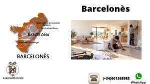 Mapa del Barcelonès junto a dos profesionales colocando pavimento y trabajando en una pared, con el logotipo de Barmalopesa.