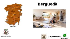 Mapa del Berguedà y dos profesionales renovando el suelo y una pared de una vivienda, con el logotipo de Barmalopesa.