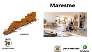 Mapa del Maresme con Mataró destacada y dos profesionales reformando el interior de una vivienda, junto al logotipo de Barmalopesa.