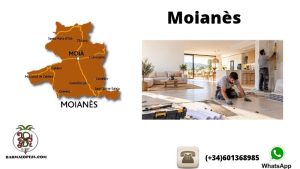 Mapa del Moianès con Moià destacada junto a dos profesionales renovando el suelo y una pared de una vivienda.