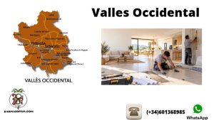 Mapa del Vallès Occidental con Terrassa y Sabadell destacadas, junto a dos profesionales reformando una vivienda y el logotipo de Barmalopesa.