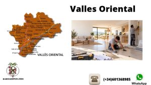 Mapa del Vallès Oriental con Granollers destacada y dos profesionales renovando el interior de una vivienda, junto al logotipo de Barmalopesa.