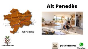 Mapa del Alt Penedès con Vilafranca del Penedès destacada y dos profesionales reformando una vivienda, junto al logotipo de Barmalopesa.
